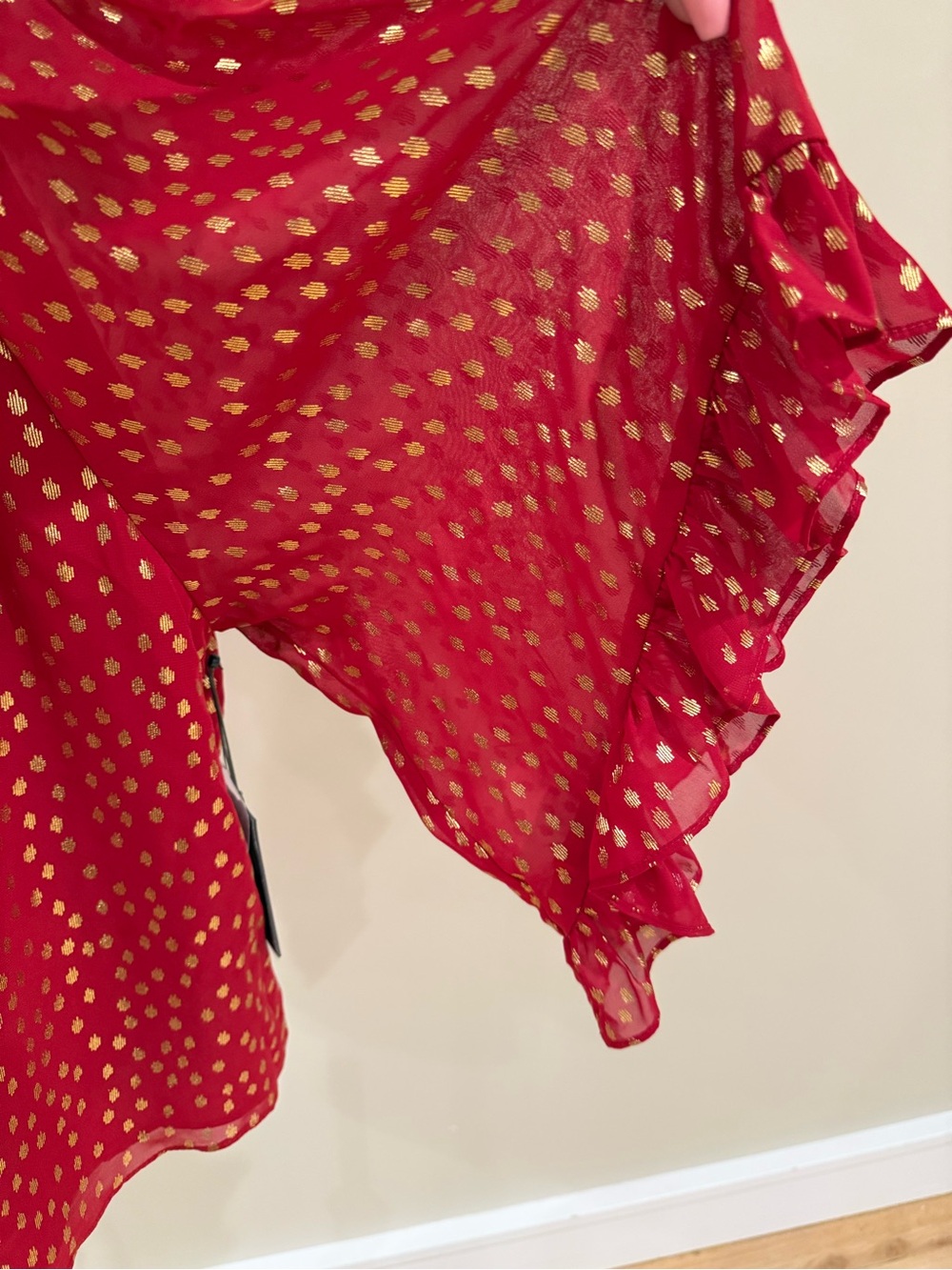 Vince Camuto Red With Gold Dot Button Neck Flutter Sleeve Blouse - Picture 3 of 8
